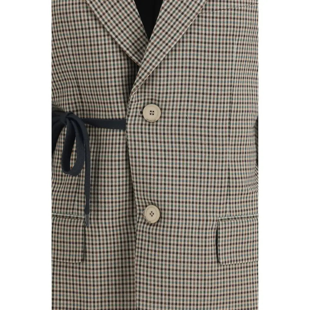 Balenciaga multicolor lyocell coat i brun-beige tern med navy bælte