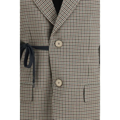 Balenciaga multicolor lyocell coat i brun-beige tern med navy bælte