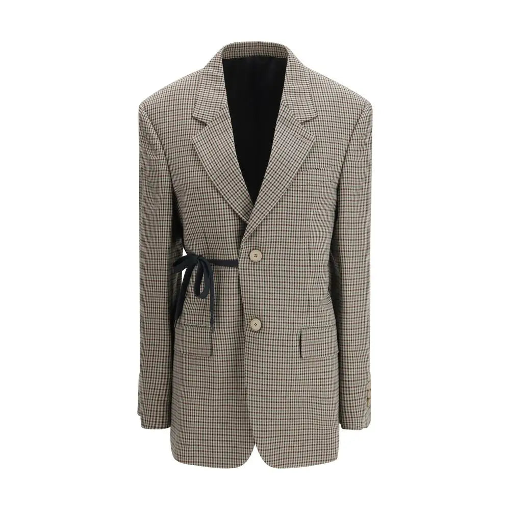 Balenciaga multicolor lyocell coat: beige og sort ternet blazer med sort båndbælte