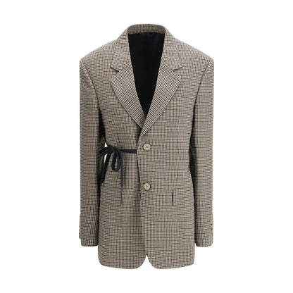 Balenciaga multicolor lyocell coat: beige og sort ternet blazer med sort båndbælte