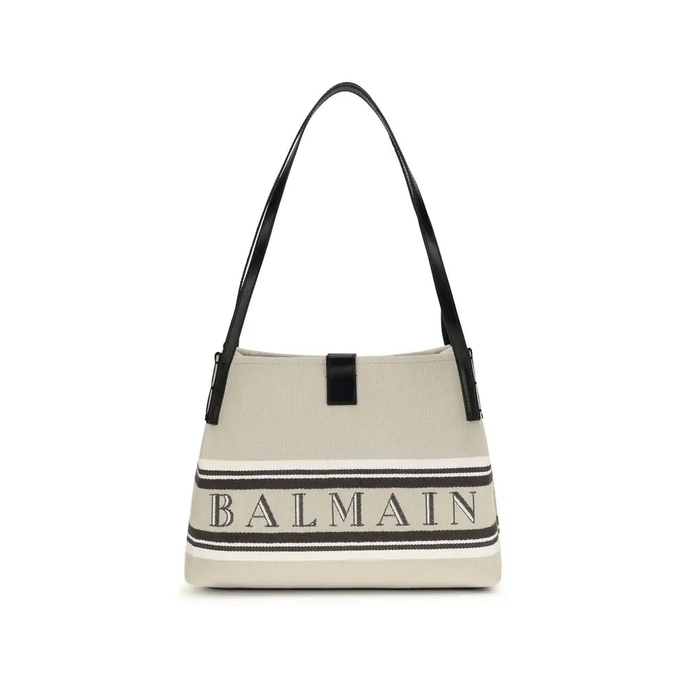 Balmain beige cotton skulderpose i cremfarvet med sorte læderremme og stribet logo