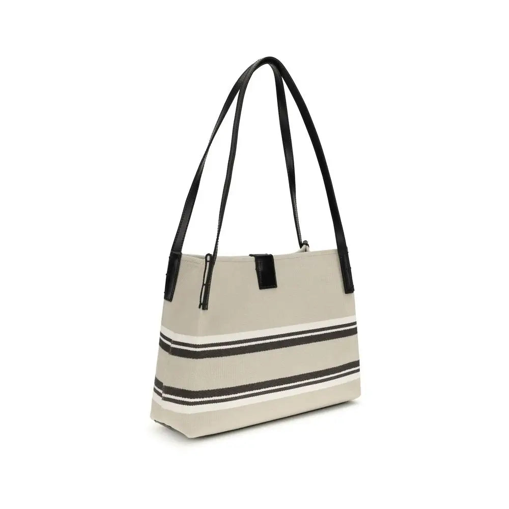Balmain beige cotton shoulder bag med sorte-hvide striber og læderremme