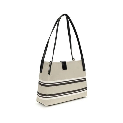 Balmain beige cotton shoulder bag med sorte-hvide striber og læderremme