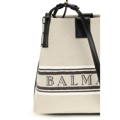 Balmain beige canvas tote med sort læder og broderet branding