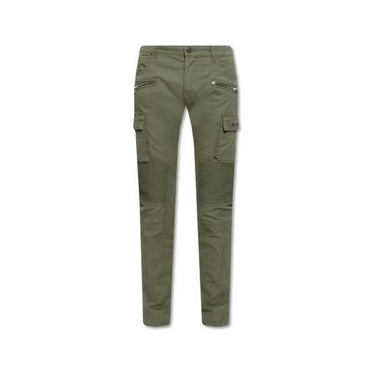 Balmain bicolor cotton cargo pants i olivengrøn med lynlåse og ribbede knæpaneler