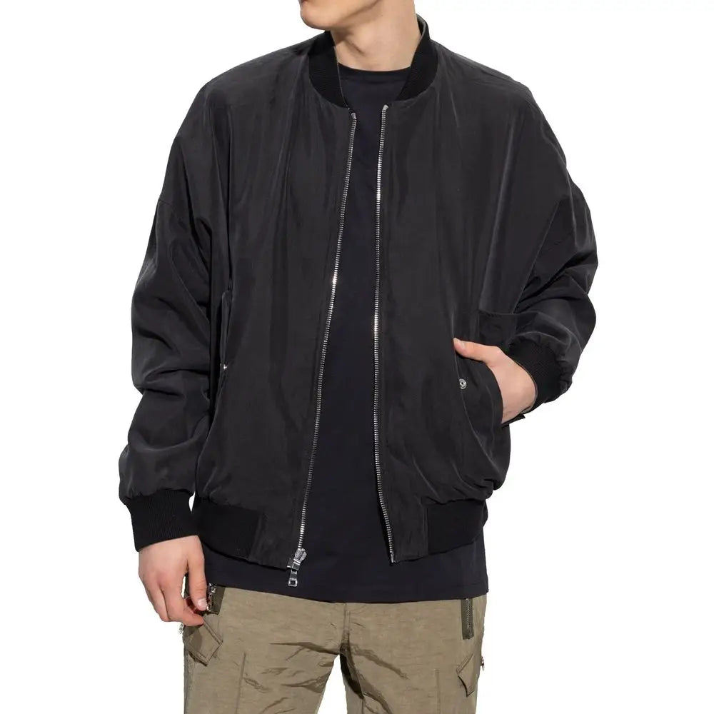 Balmain black cotton bomber jacket med lynlås, ribbet manchetter og taljebånd