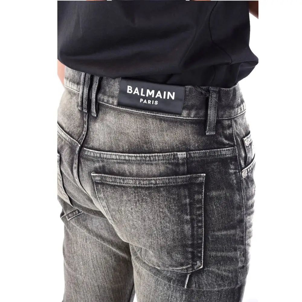 Balmain black cotton skinny jeans med falmet, distressed finish