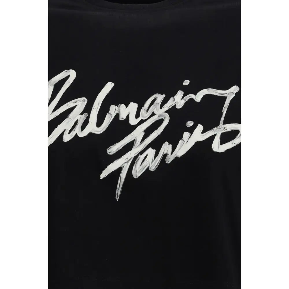 Balmain black cotton t-shirt with bold white brushstroke logo on chest