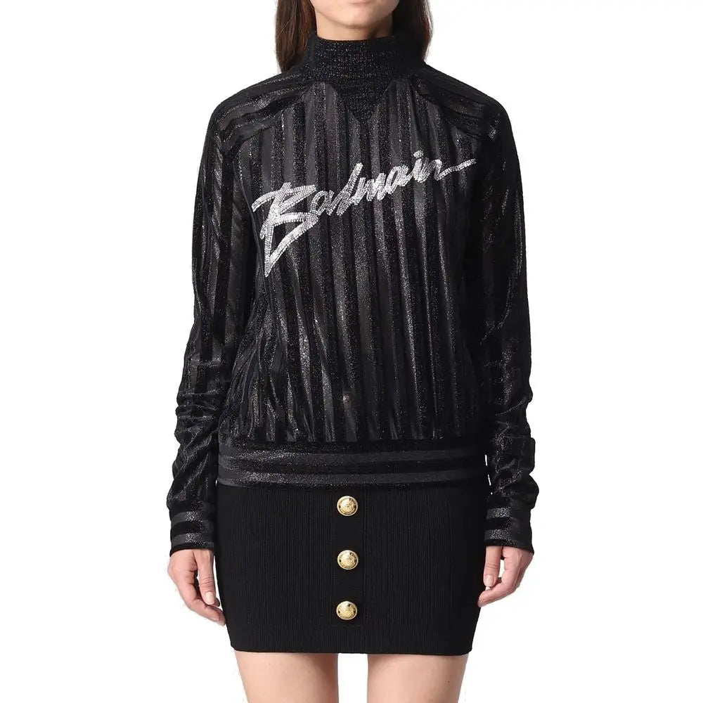 Balmain black elastane sweatshirt med skinnende ribbet tekstur og sølvlogo