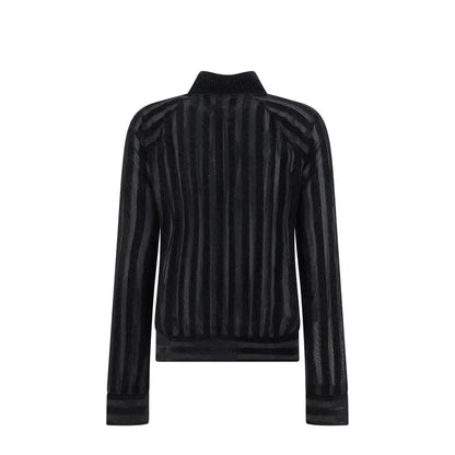 Balmain black elastane sweatshirt med sort velour jakke, ribbet tekstur og høj krave
