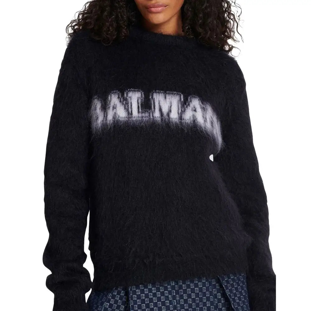 Balmain sort mohair sweatshirt med hvidt distressed logo og 100% originale brands