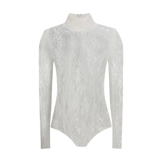 Balmain lace bodysuit i hvidt blonder med høj hals og lange ærmer