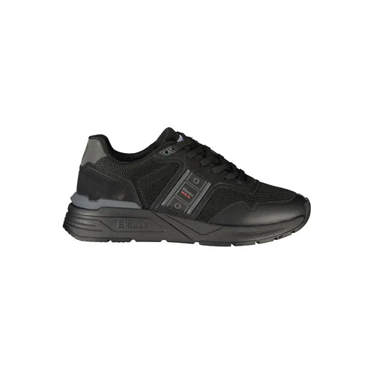 Blauer black polyester mænds sneakers med sort mesh og geometrisk panel