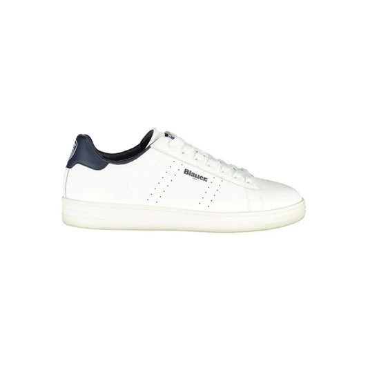 Blauer white leather sneakers with navy blue heel tab and perforations