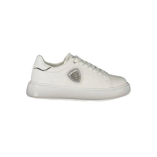Blauer white leather kvinders sneakers med sølv rhinsten-skjold-logo