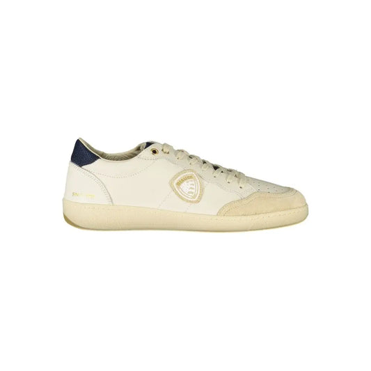 Blauer white polyester sneakers in cream leather with navy heel tab and gold shield logo