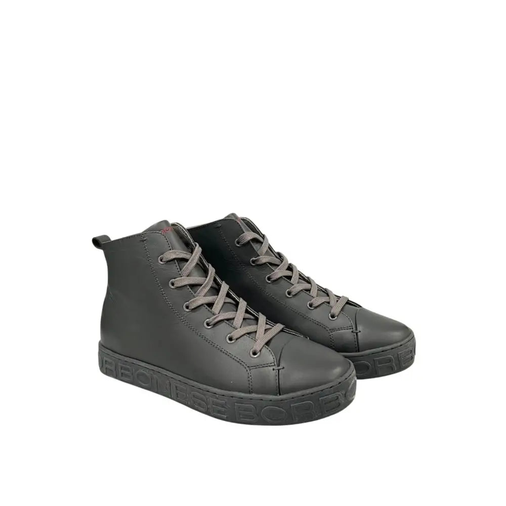Borbonese grey genuine leather men high-top sneakers with gray laces and textured sole