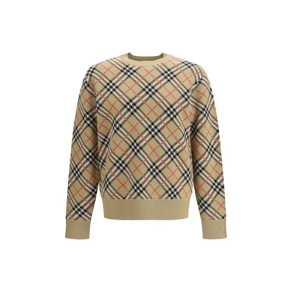 Burberry beige bomuldssweater i beige, sort og rød tern med ribkant