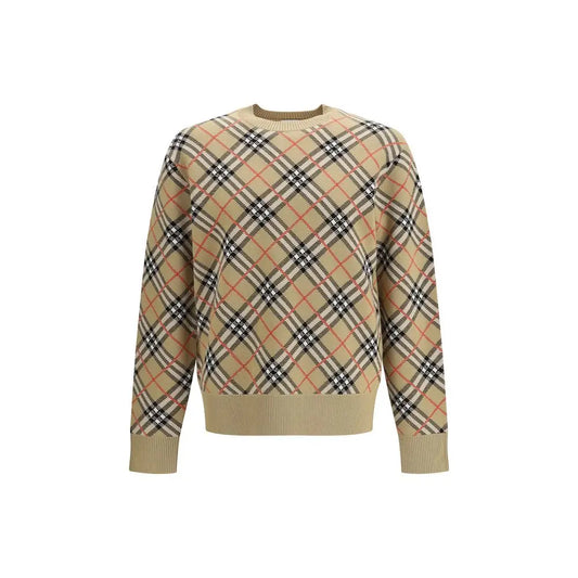 Burberry beige bomuldssweater i beige, sort og rød tern med ribkant