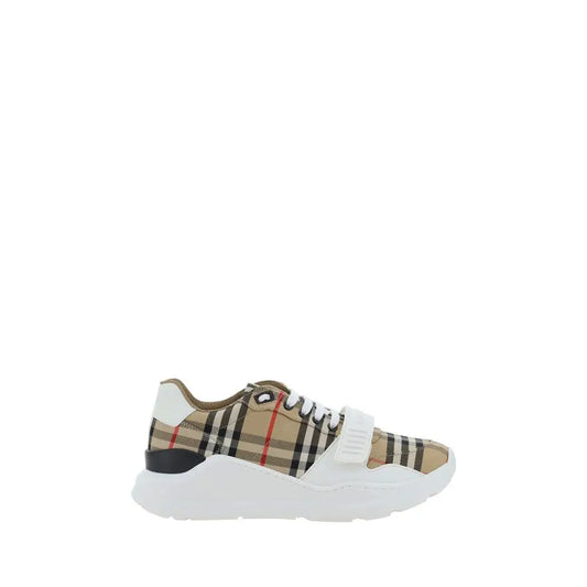 Burberry beige gummi sneakers med sort-rød ternmønster og hvid sål