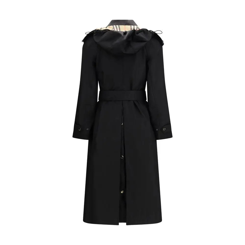 Burberry sort nylon trench coat med hætte i check mønster