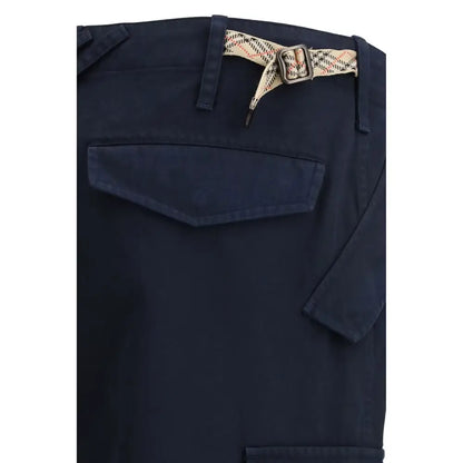 Burberry blue cotton cargo pants med beige-sort-hvidt ternet bælte