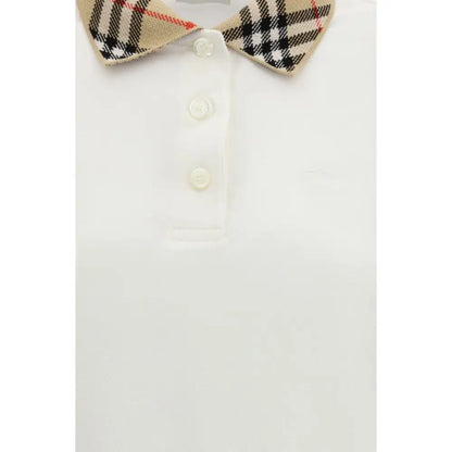 Burberry white cotton polo shirt med beige, sort og rød ternet krave og tre knapper