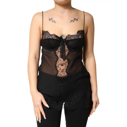 Dolce & Gabbana sort silkeblomstret blonde chemise med buede paneler og sløjfe