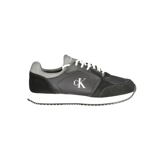 Calvin Klein black leather sneakers with gray accents, white laces and sole