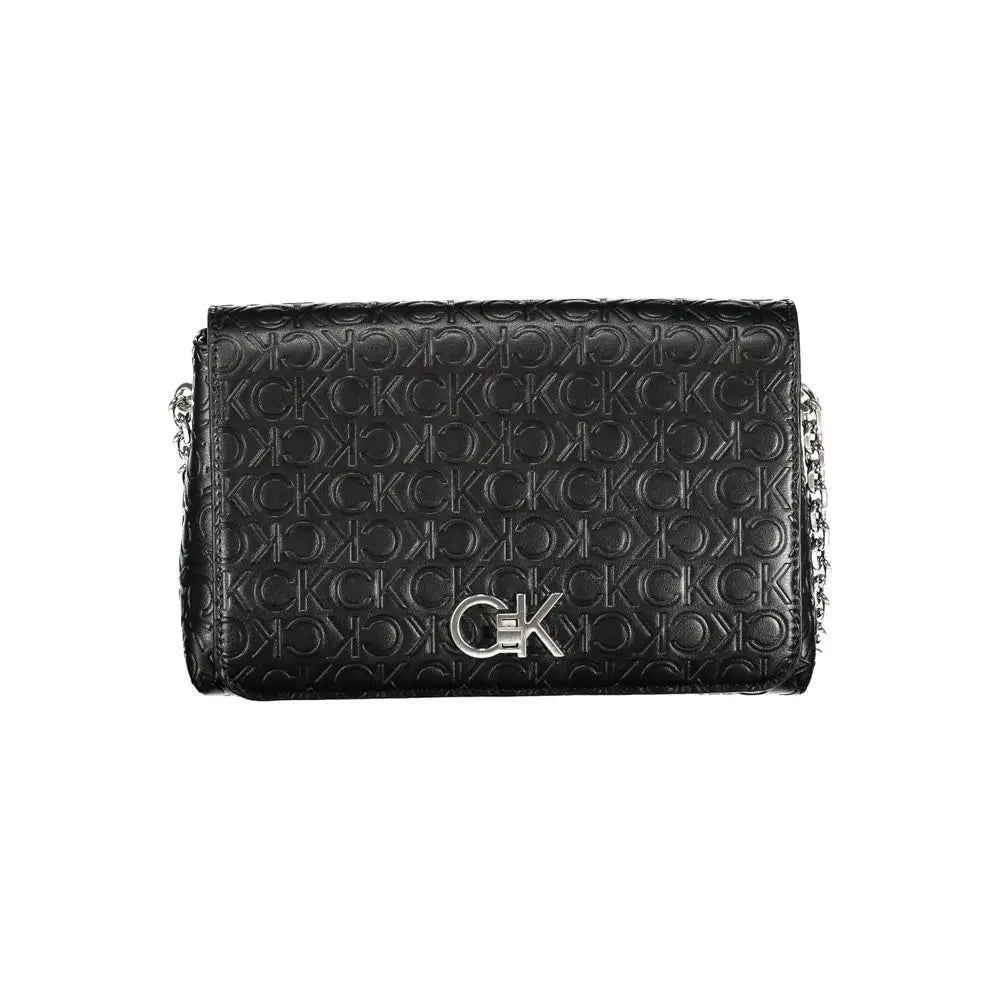 Calvin klein black polyester crossbody taske med embosset logo og sølvkæde