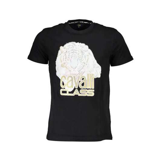 Cavalli class black cotton t-shirt with white tiger graphic and gold lettering