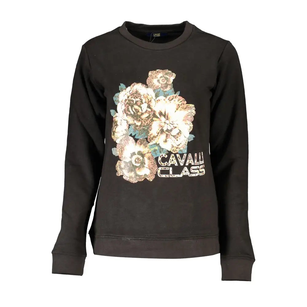 Sort Cavalli Class sorte bomuldssweater med floral grafik i beige og grønne toner