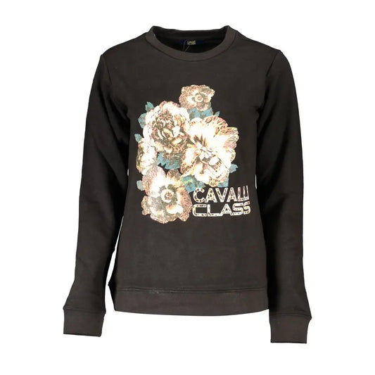 Sort Cavalli Class sorte bomuldssweater med floral grafik i beige og grønne toner