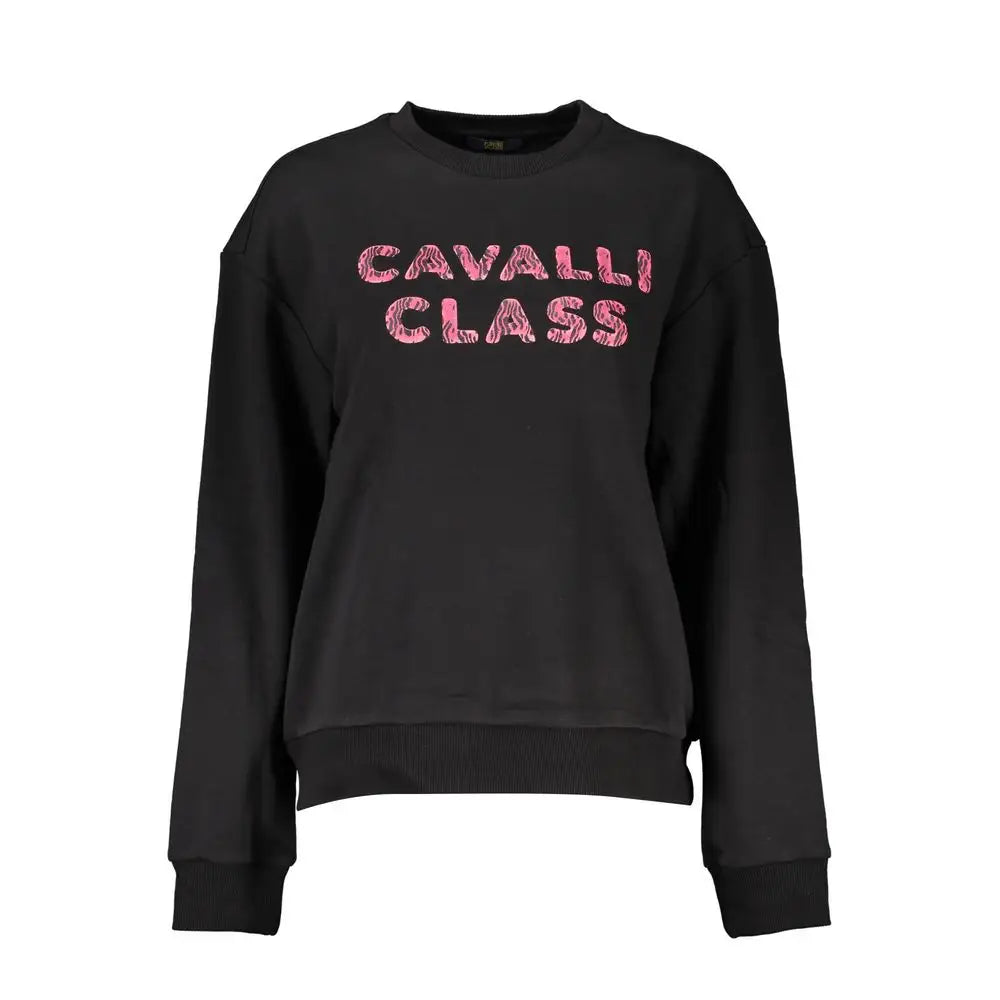 Tidløs kulsorte Cavalli Class elegance i sort bomuldssweater med pink glittertekst