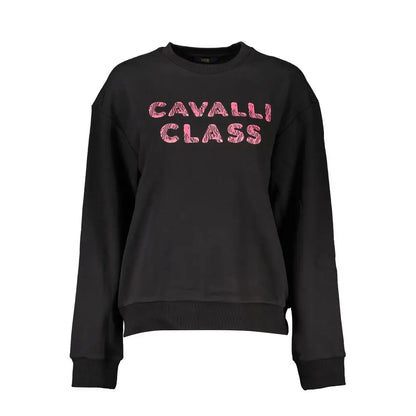 Tidløs kulsorte Cavalli Class elegance i sort bomuldssweater med pink glittertekst