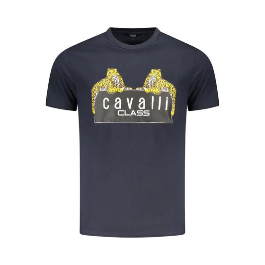 Cavalli Class Blue Cotton T-shirt med gul leopard grafik