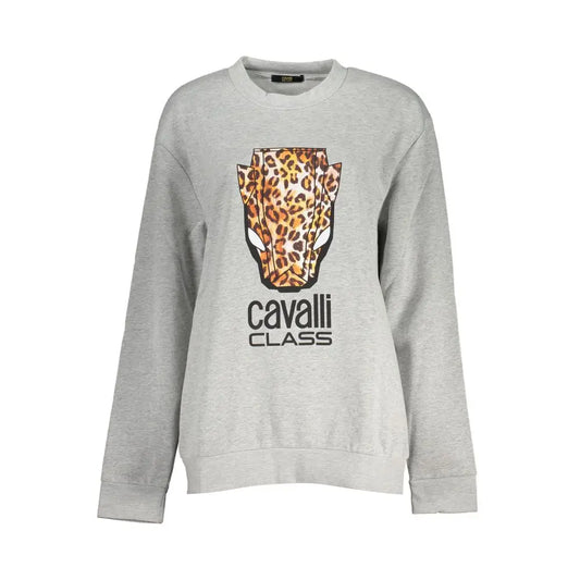 Cavalli class grigio polyester women sweatshirt with leopard print head