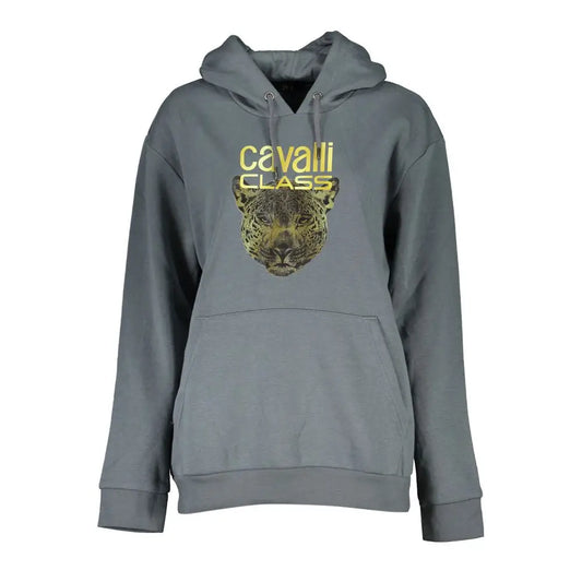 Cavalli Class grå fleece hoodie med guld leopard-motiv. 100% originale brands