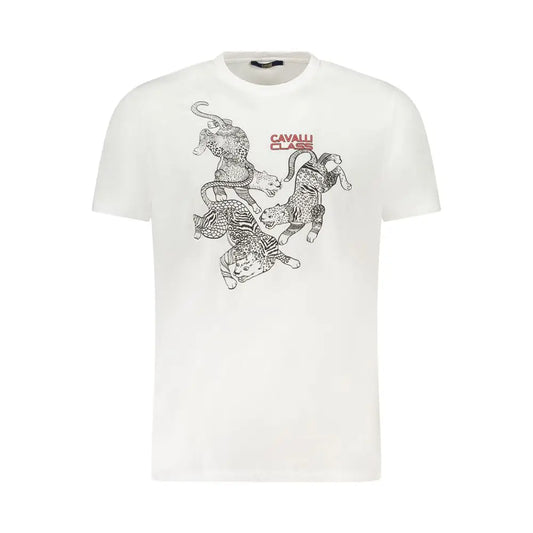 Cavalli Class hvid bomuld herre T-shirt med sort line-art af tre springende katte