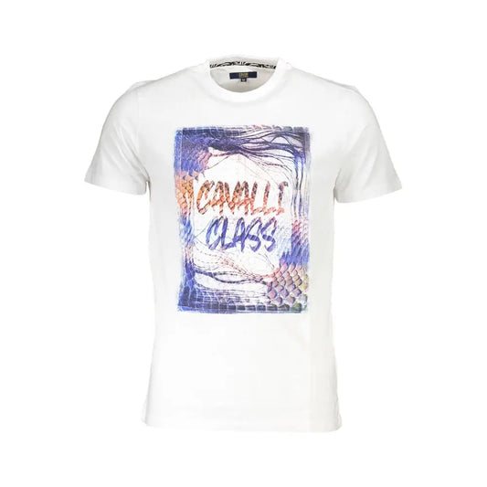 Cavalli Class hvid bomuld T-shirt med blå-orange grafik, 100% originale brands