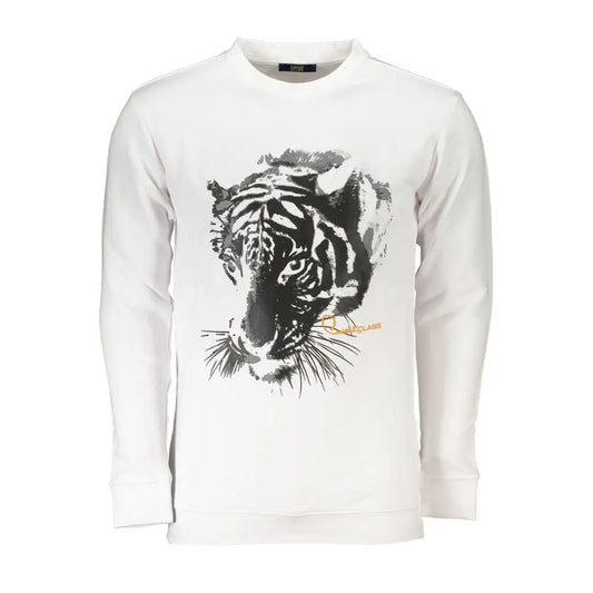 Cavalli Class white cotton sweater with black and white tiger graphic