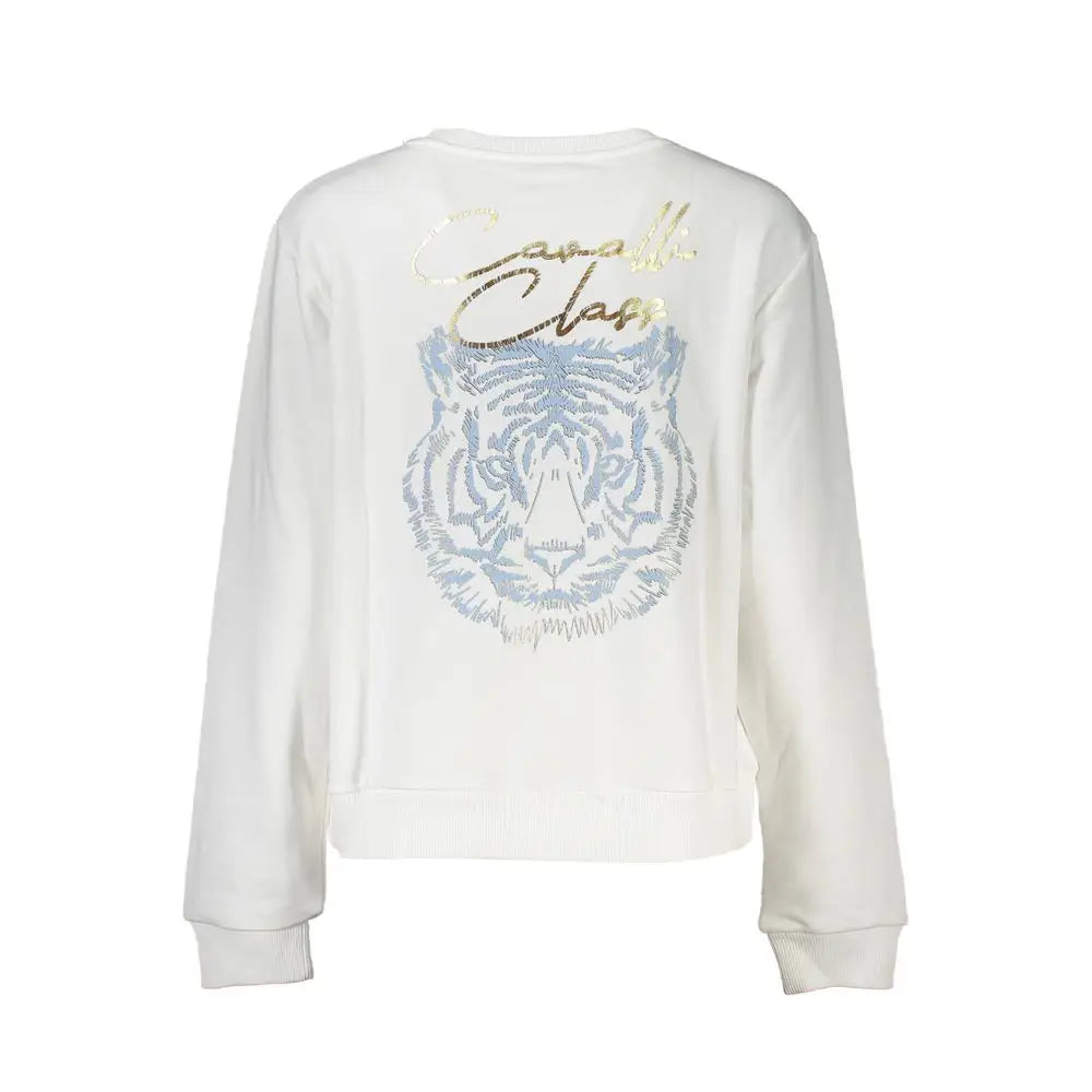 Hvid cavalli class bomulds sweater med sølv-guld tigerhoved