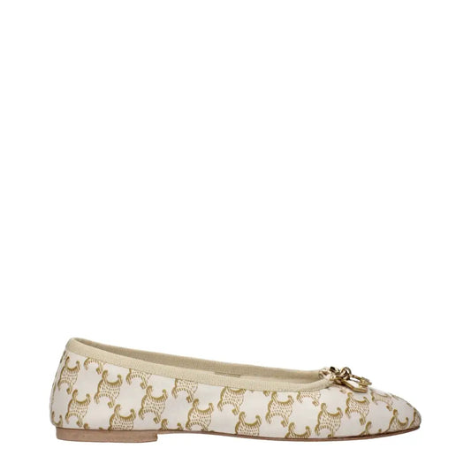 Celine white leather ballet flats with gold animal print and buckle