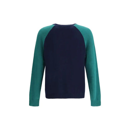Chez Valentino marineblå og teal raglan-strikket trøje med ribkantmanchetter