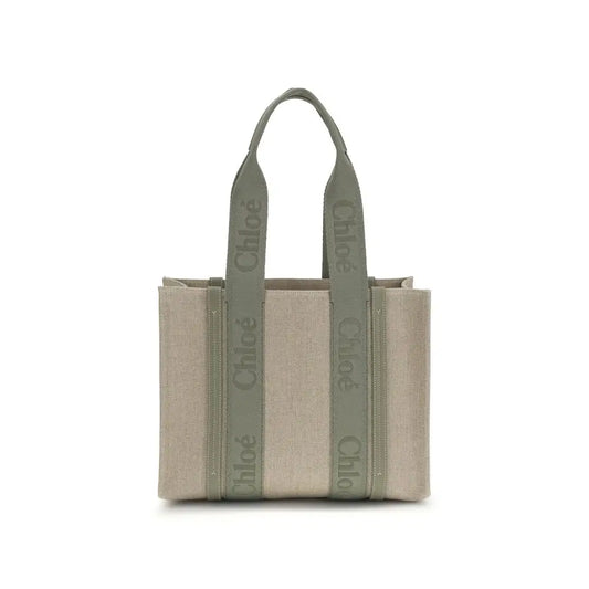 Beige linned skuldertaske Chloé med olivengrønne håndtagre og branding