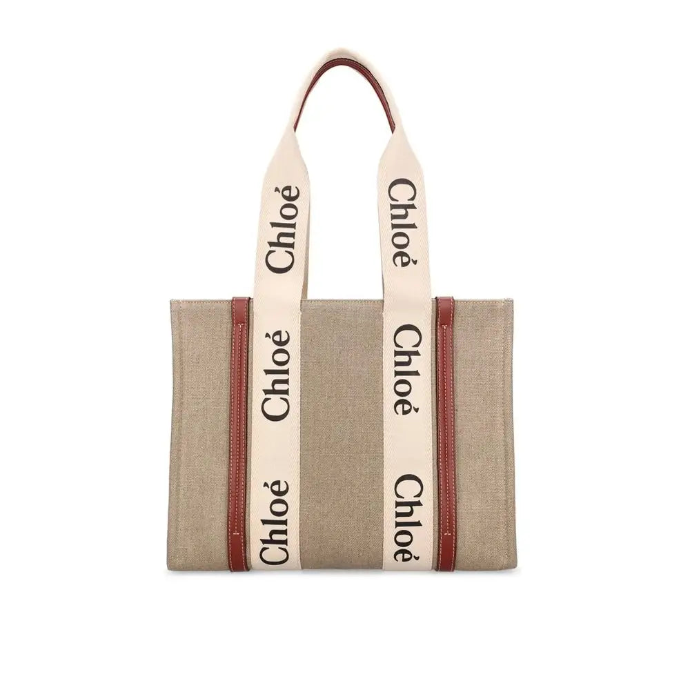 Chloé beige linen tote med cremede stropper og sort logo