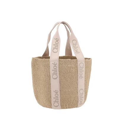 Chloé beige raffia håndtaske med flætlet strå og logo