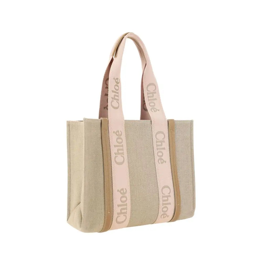 Beige canvas tote bag with pink Chloé branded straps, Chloé brown linen shoulder bag
