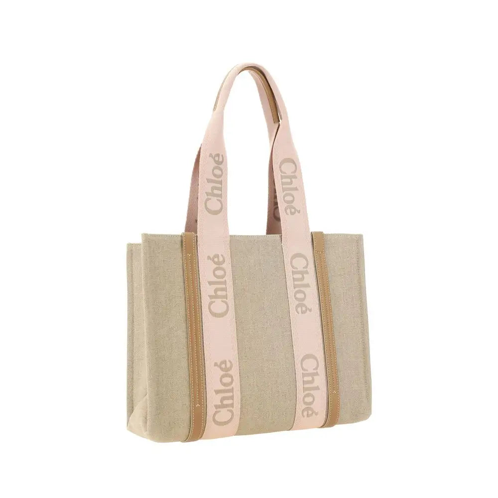 Chloé brun linskettingtaske i beige canvas med pink og tan stribede håndtagre og gentagende logo