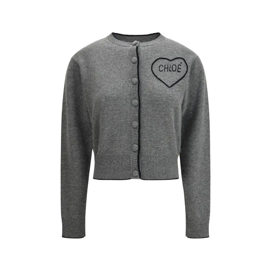 Grå uld cardigan fra Chloé med sort hjertebroderi
